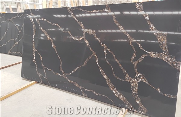 Black Color Calacatta Quartz Slab Golden Veins
