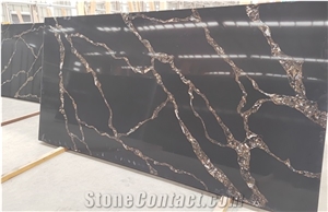 Black Color Calacatta Quartz Slab Golden Veins