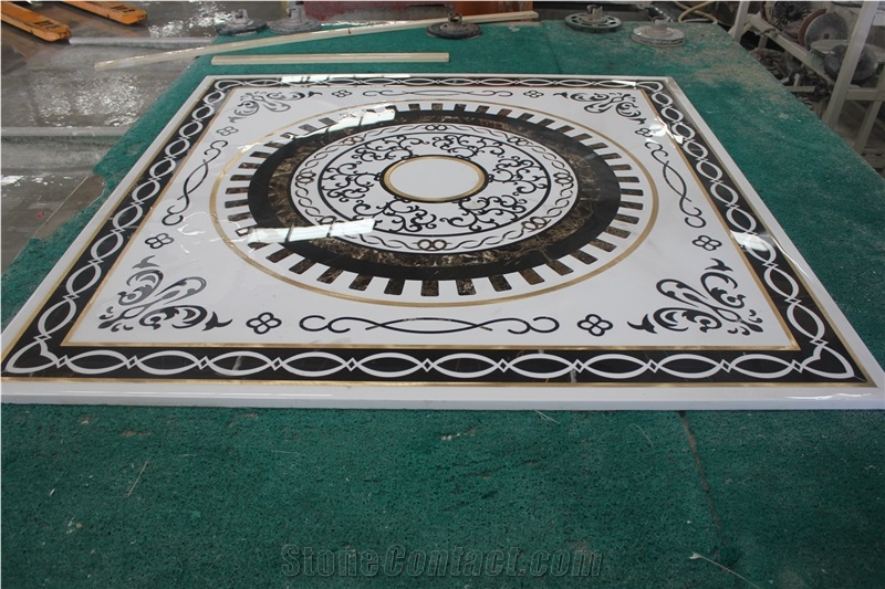 Custom Luxury Brass Inlay Marble Waterjet Square Medallion