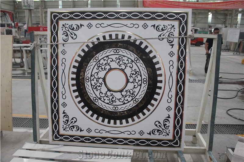Custom Luxury Brass Inlay Marble Waterjet Square Medallion