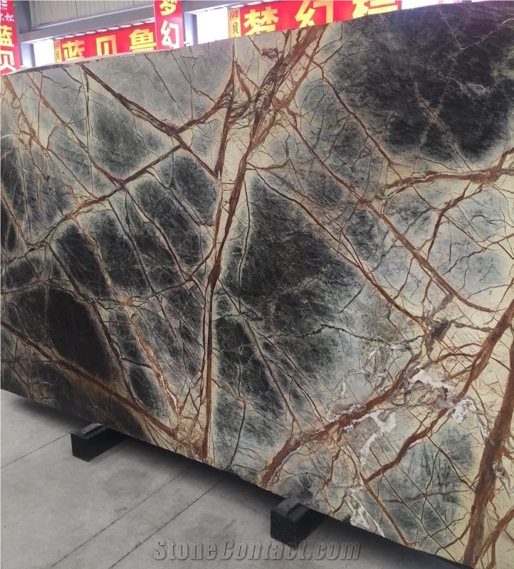 Tropical Rainforest Green Rain Brown Vein Marble Slabs Tiles