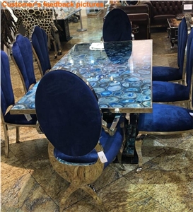 Blue Agate Semiprecious Stone Dining Table Sets