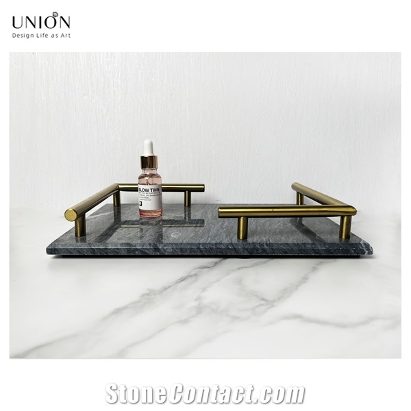 UNION DECO Black Decorative Marble Tray With Golden Handle