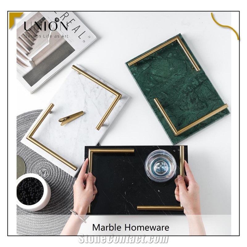 UNION DECO Black Decorative Marble Tray With Golden Handle