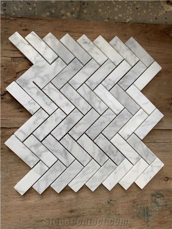 Bianco Carrara Marble Herringbone Mosaic Wall & Floor Tile