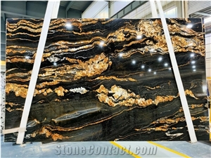 Top Quality Black Fusion Granite Slabs With Golden Vein