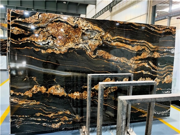 Top Quality Black Fusion Granite Slabs With Golden Vein