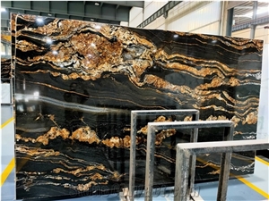 Top Quality Black Fusion Granite Slabs With Golden Vein