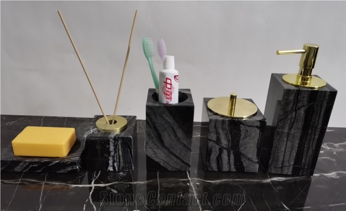 Ancient Wooden Marble Stone Bath Accessories Set