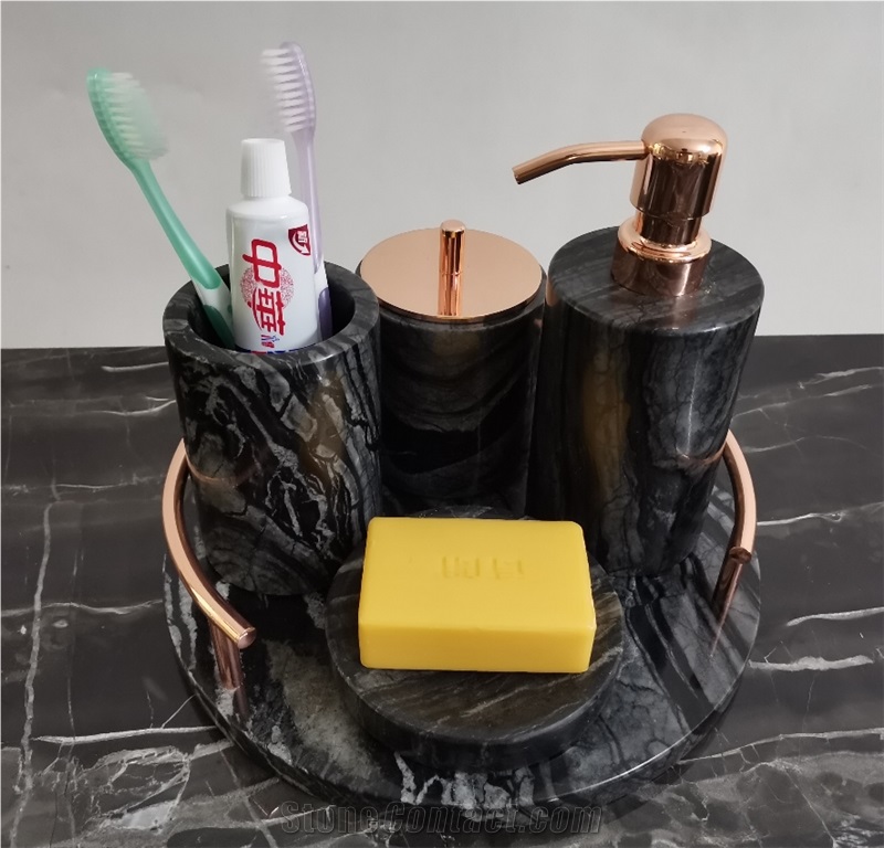 Ancient Wooden Marble Stone Bath Accessories Set