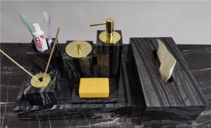 Ancient Wooden Marble Stone Bath Accessories Set