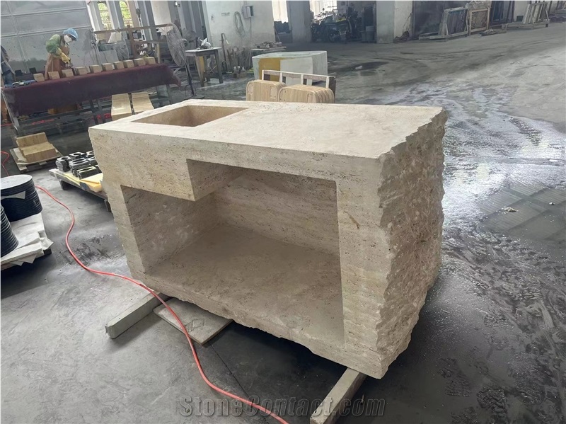 One-Piece Beige Travertine Wash Basins