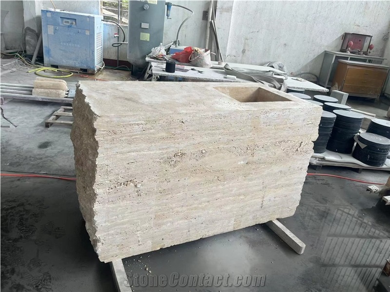 One-Piece Beige Travertine Wash Basins