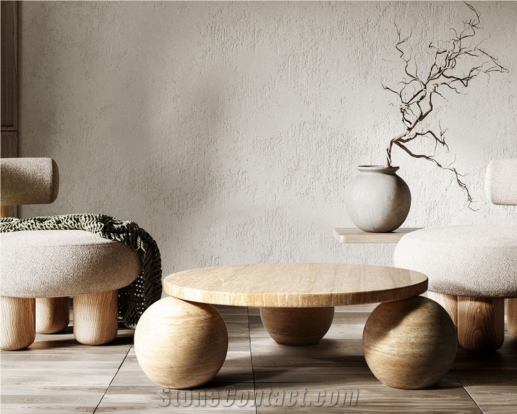 Round Travertine Coffee Table With 3 Solid Base