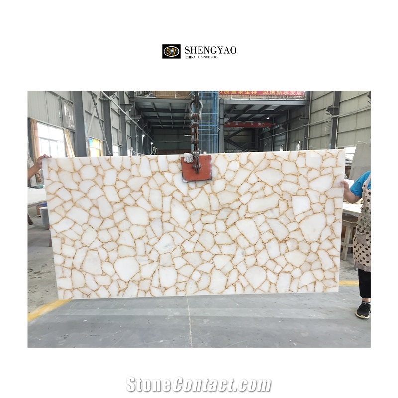 White Crystal Quartz Semiprecious Stone Slabs With Gold Sliver Foil