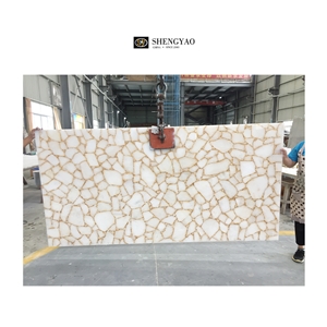 White Crystal Quartz Semiprecious Stone Slabs With Gold Sliver Foil