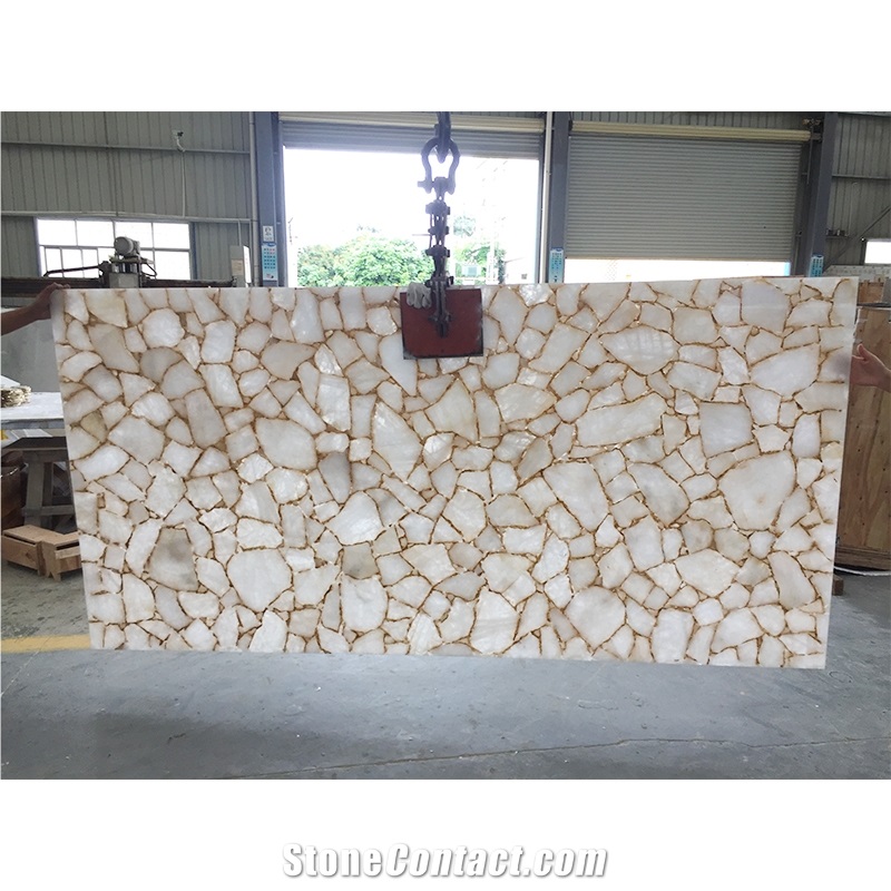 White Crystal Quartz Semiprecious Stone Slabs With Gold Sliver Foil