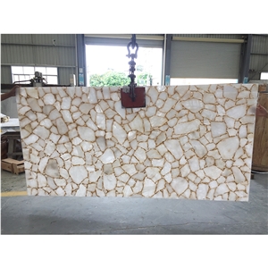 White Crystal Quartz Semiprecious Stone Slabs With Gold Sliver Foil