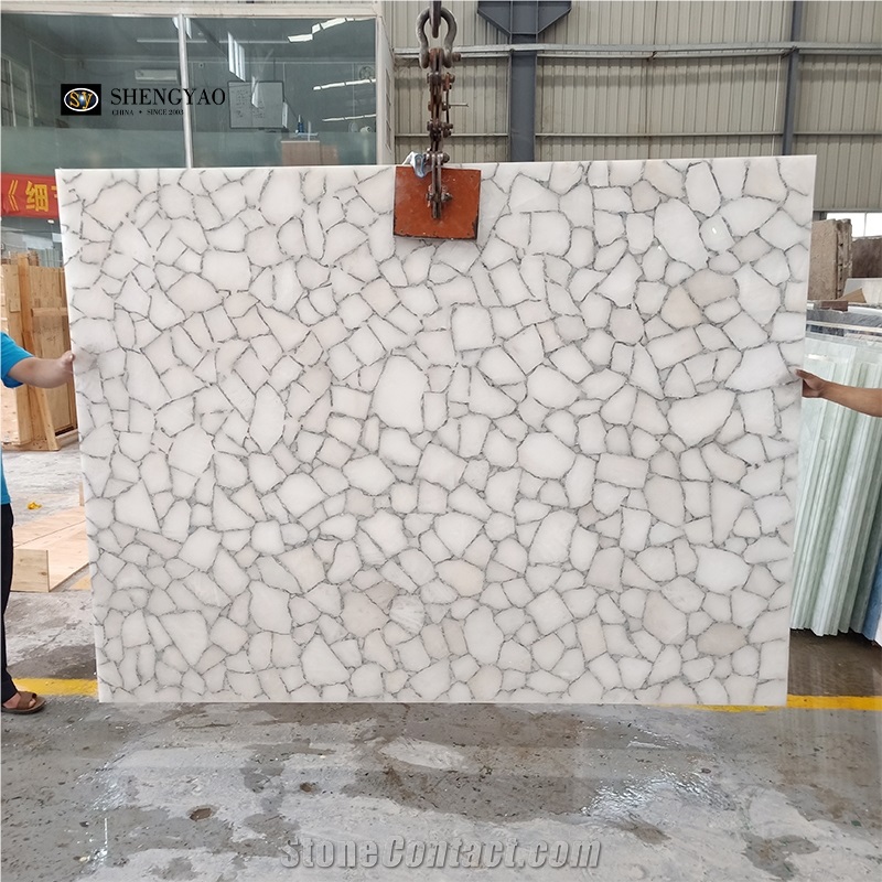 White Crystal Quartz Semiprecious Stone Slabs With Gold Sliver Foil