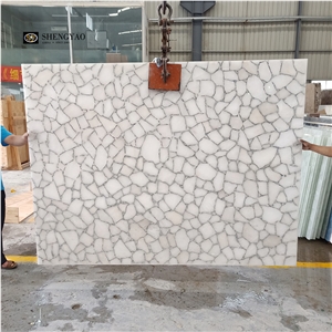 White Crystal Quartz Semiprecious Stone Slabs With Gold Sliver Foil