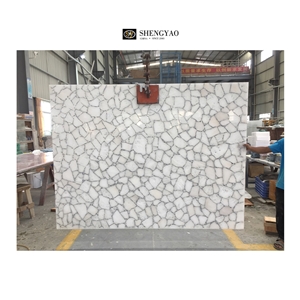 White Crystal Quartz Semiprecious Stone Slabs With Gold Sliver Foil