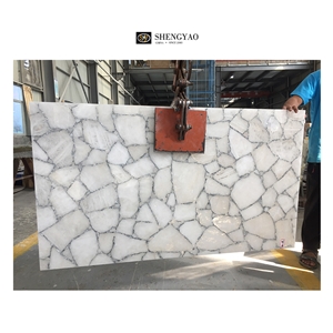 White Crystal Quartz Semiprecious Stone Slabs With Gold Sliver Foil
