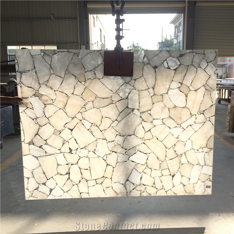 White Crystal Quartz Semiprecious Stone Slabs With Gold Sliver Foil