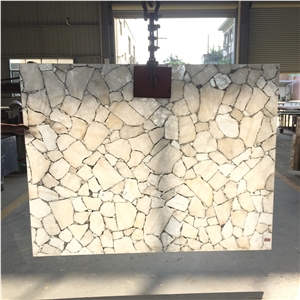 White Crystal Quartz Semiprecious Stone Slabs With Gold Sliver Foil
