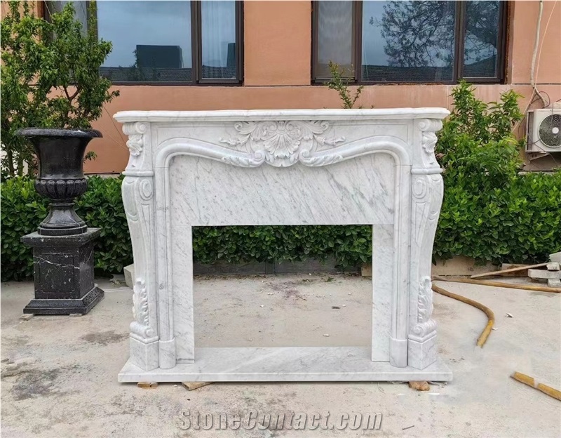 Indoor Marble Fireplace Sculptured Carrara Modern Mantel