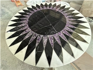 Round Amethyst With Black Marble Waterjet Mosaic Table Tops