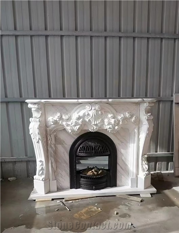 Sculptured Marble Volakas Indoor Modern Fireplace Mantel