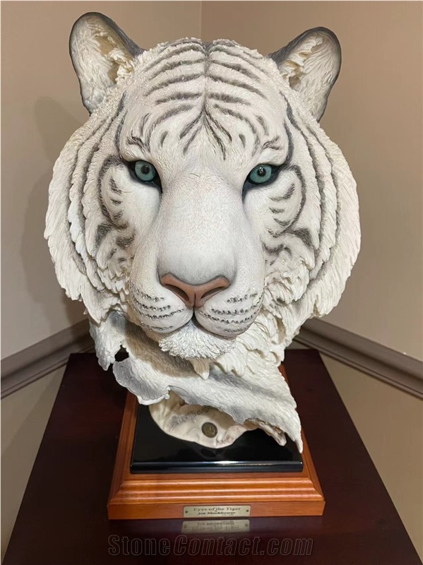 Guangxi White Marble Tiger Head Statue Sculpture