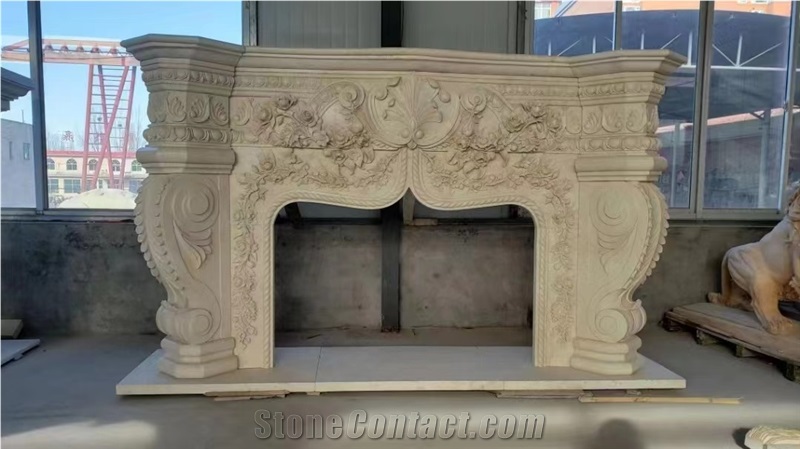 Ultraman Beige Marble Hand Carved Antique Fireplace