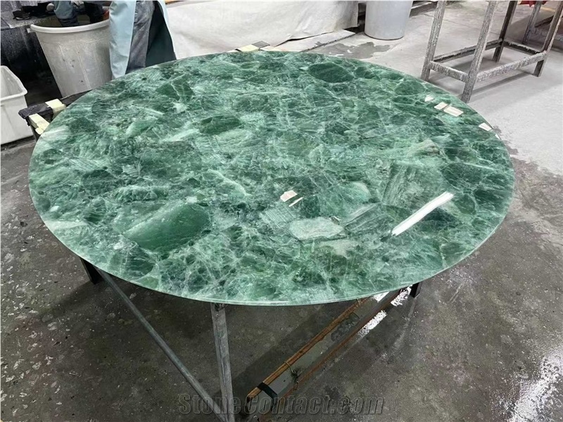 Green Crystal Quartz Semiprecious Stone Round Table Slab