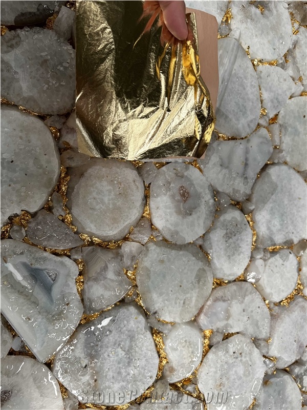 White Agate Slab With Gold Side,Luxury Semiprecious Stone