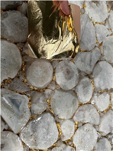White Agate Slab With Gold Side,Luxury Semiprecious Stone