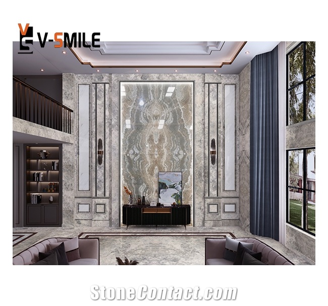 Transparent Grey Ink Painting Onyx Slab