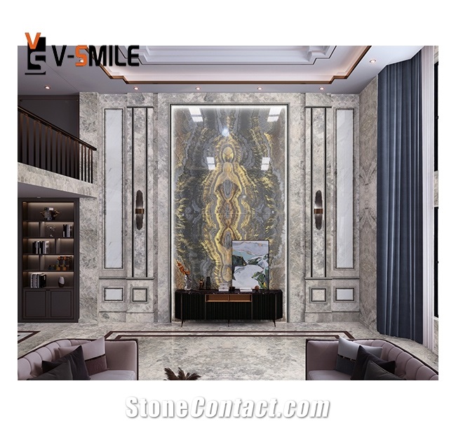 Transparent Grey Ink Painting Onyx Slab