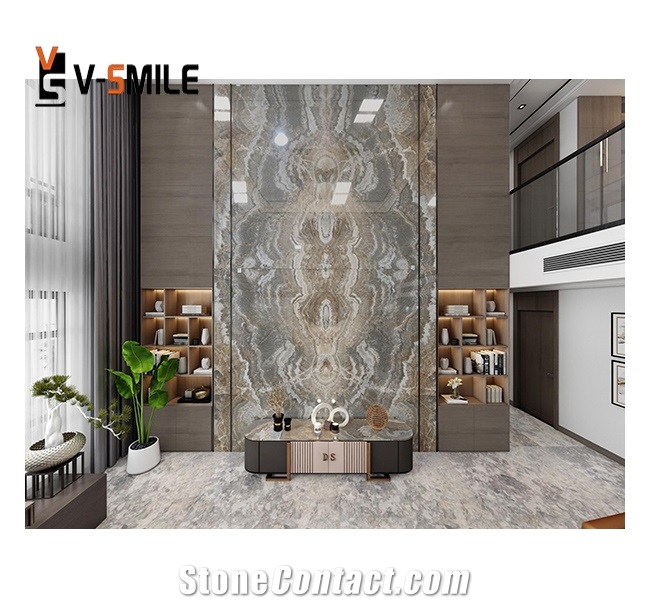 Transparent Grey Ink Painting Onyx Slab