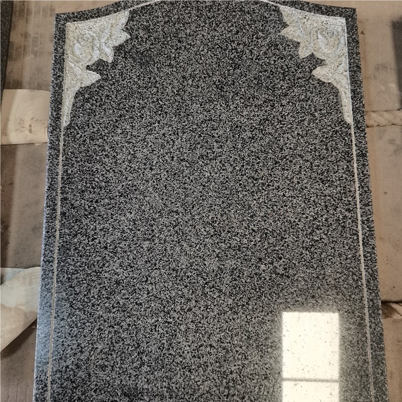 China New G654 Granite Headstone With Rose Carvings