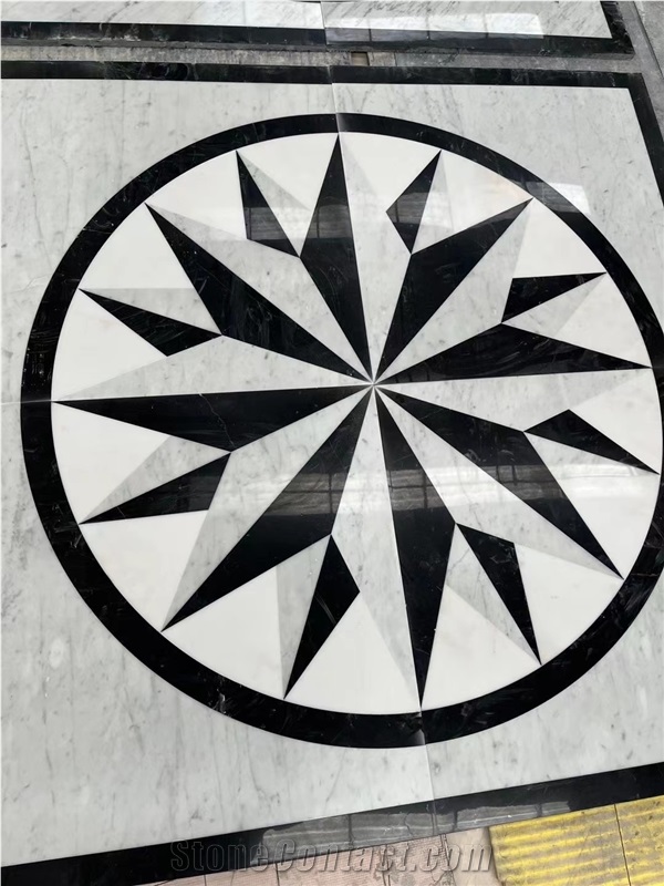 Carrara White Marble Round - Framed Water-Jet Pattern Medallion