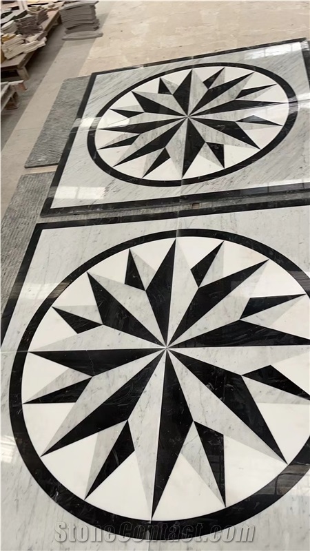 Carrara White Marble Round - Framed Water-Jet Pattern Medallion