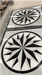 Carrara White Marble Round - Framed Water-Jet Pattern Medallion