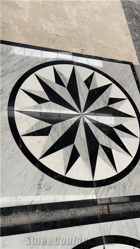 Carrara White Marble Round - Framed Water-Jet Pattern Medallion