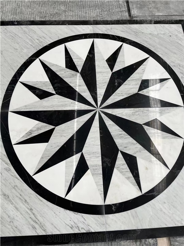 Carrara White Marble Round - Framed Water-Jet Pattern Medallion