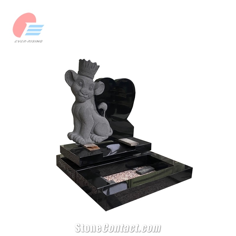 Black Granite Children's Monument With Lion Animal Carving