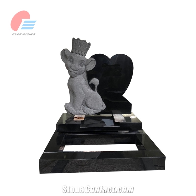 Black Granite Children's Monument With Lion Animal Carving