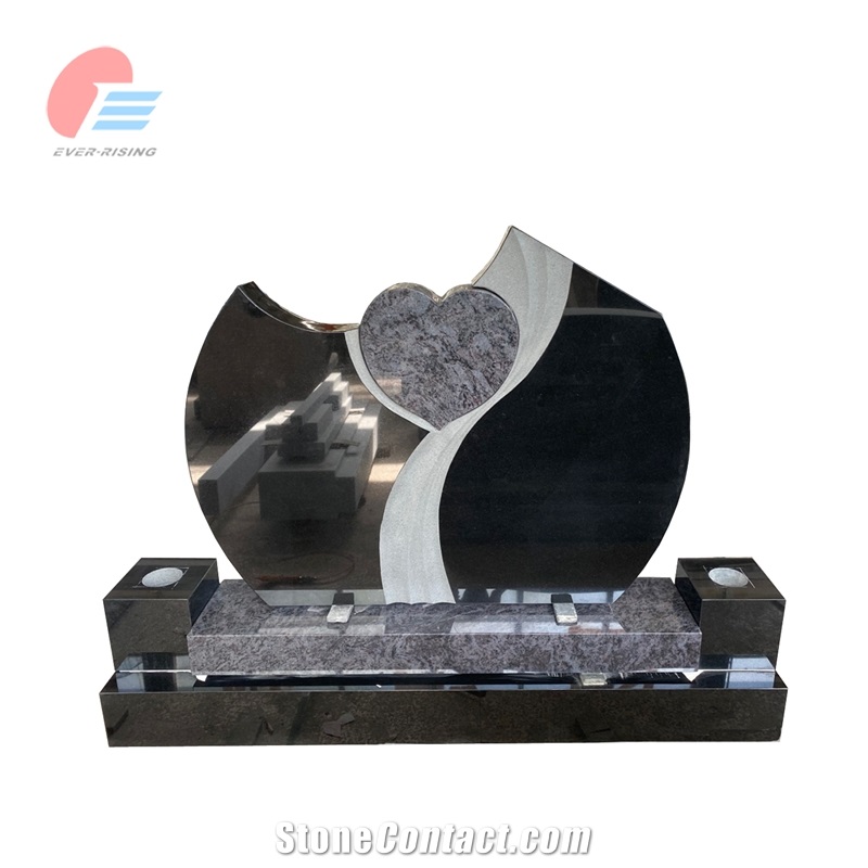Black Granite Headstone With Bahama Blue Heart Insert