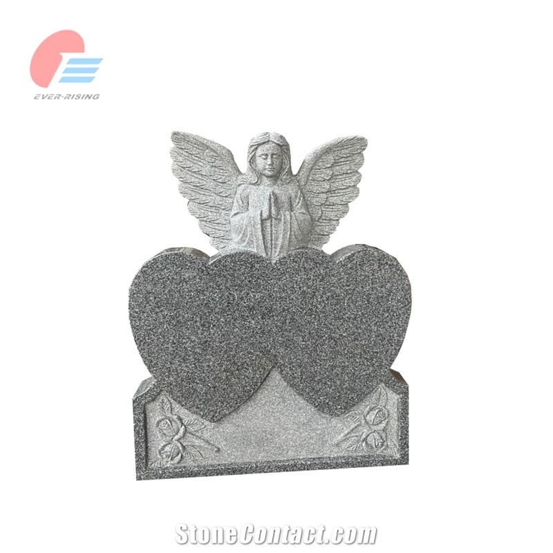 Cathay Light Grey Granite Double Heart Headstone With Angel