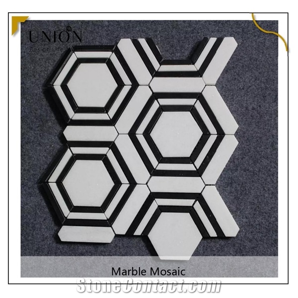 UNION DECO Black Mix White Color Wall Backsplash Hexagon Mosaic Tile